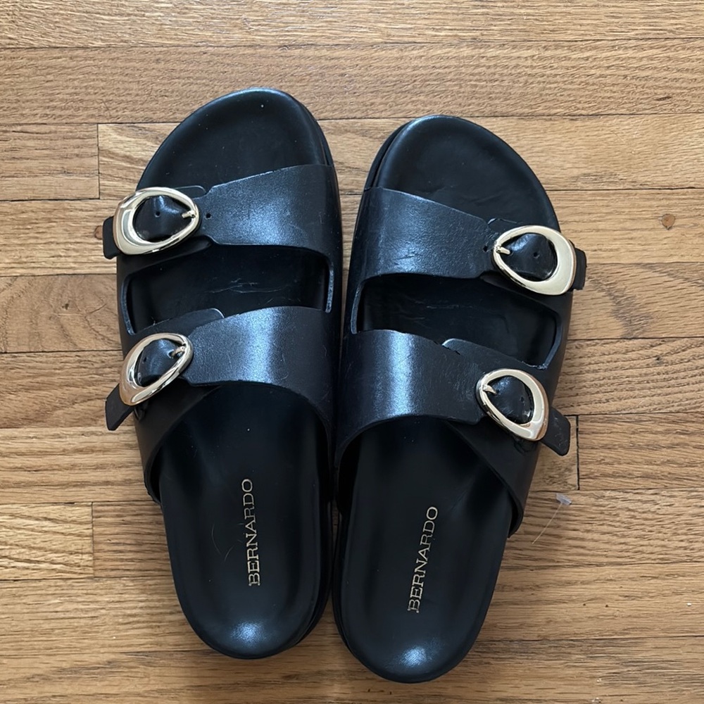 Bernardo Black Slides with Gold Accents